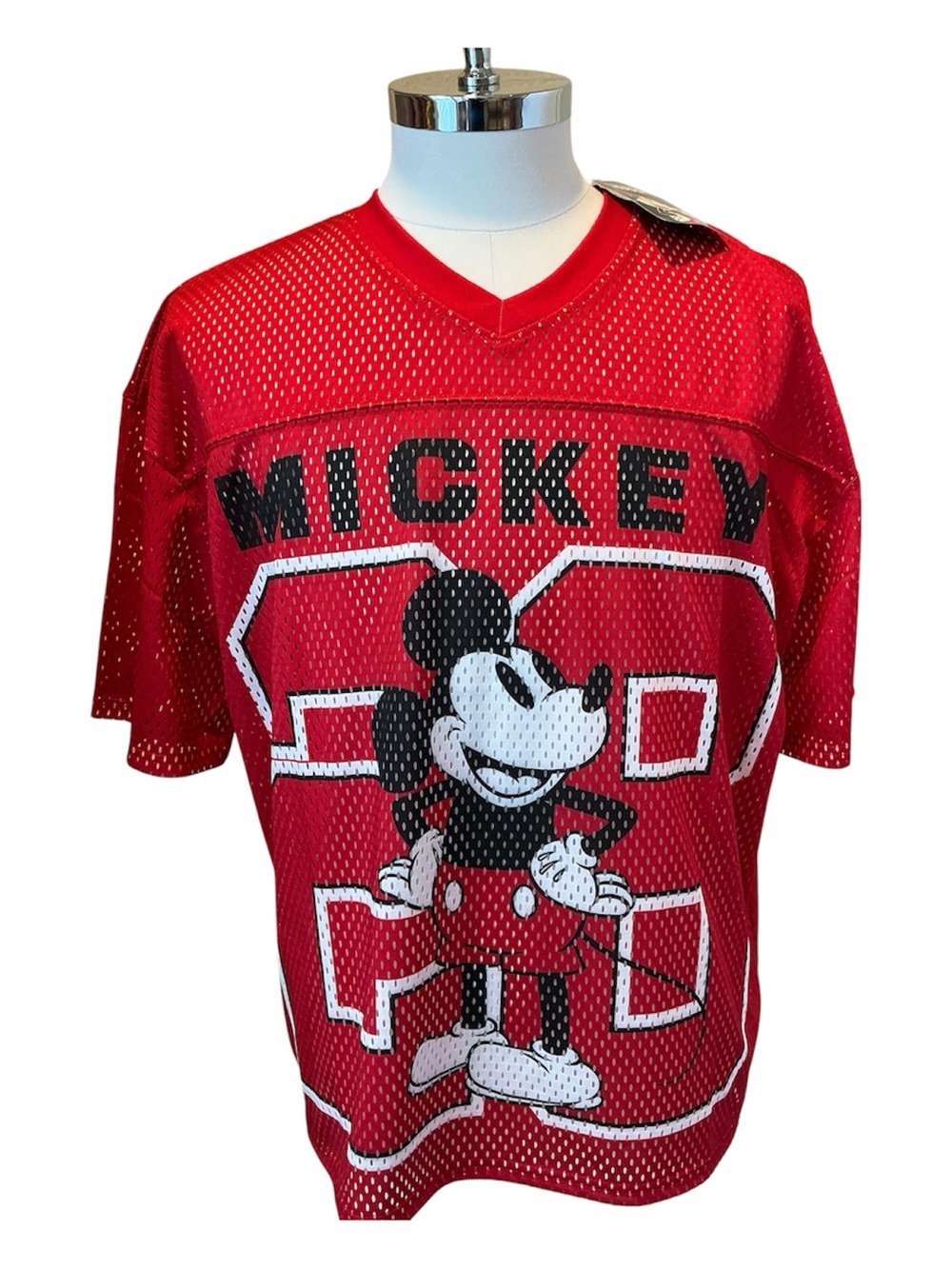 Disney Mickey Mouse Mens M Lifestyle Football Mesh Jersey Cropped Red #28 NWT